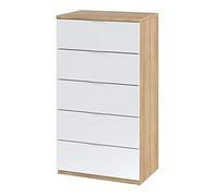 Habitdesign Commode 5 Tiroirs, 110x60x40 (HauteurxLargeurxProfondeur-en cm), Chiffonnier 5 Tiroirs Couleur Chêne Canadian et Blanc Artik, Modèle Alaya