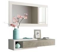 Habitdesign Couloir avec tiroir et Miroir, Armoire d'entrée, modèle Noon, Fini en Artik White et Alaska Oak, mesures: 95 cm (Largeur) x 19 cm (Hauteur) x 26 cm (Profondeur)