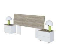 Tête de lit + 2 tables de chevet, Tête de lit et tables de chevet, Modèle Dreams, Finition en Blanc Artik et Chêne Alaskan, Mesures : 276 cm (L) x 96 cm (H) x 34 cm (P)