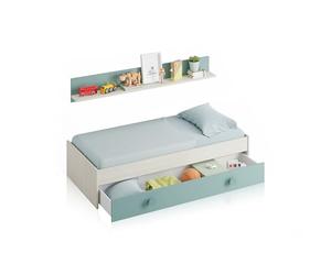 Habitdesign Lit gigogne pour enfant, 2 lits + étagère, blanc Alpes et vert d’eau, dimensions : 200 x 98 x 43 cm (l x P x H).