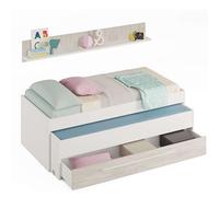 Habitdesign Lit gigogne pour enfants, Deux lits + tiroir + étagère, Lit pour enfants, Modèle Elliot, Finition en Artik White et Velvety White, Mesures : 199 cm (L) x 96 cm (P) x 65 cm (H)