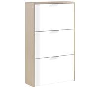 Étagère à Chaussures 3 Portes, étagère à Chaussures étroite, Fini en Blanc Brillant et chêne Canadien, Dimensions: 60 cm (Largeur) x 113 cm (Hauteur) x 22 cm (Profondeur)