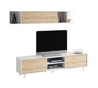 Habitdesign Meuble de salon ou salle à manger, module TV + étagère Blanc brillant et chêne canadien, dimensions : 180 cm (largeur) x 51 cm (hauteur) x 41 cm (profondeur). Modèle Zaiken Plus