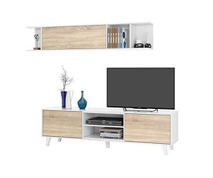 Habitdesign Meuble de salon ou salle à manger, module TV + étagère Blanc brillant et chêne canadien, dimensions : 180 cm (largeur) x 51 cm (hauteur) x 41 cm (profondeur). Modèle Zaiken Plus