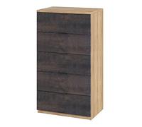 Commode à 5 tiroirs, Siphonier, Modèle Alaya, Finition en Chêne Canadien et Couleurs Rouille, Mesures : 60 cm (L) x 110 cm (H) x 40 cm (P)