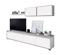 Ensemble meuble TV ALIDA - Meuble bas 4 portes + Meuble haut 2 portes + étagère suspendue - Blanc et ciment