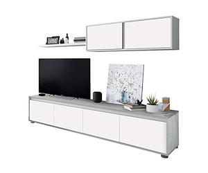 Habitdesign Modèle Alida Meuble de salon moderne, modules de salle à manger, finition Blanc « Artik » et gris ciment, dimensions : 200 x 43 x 41 cm (l x H x P).