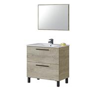Meuble de salle de bain avec 2 tiroirs et miroir, Unité de lavabo, Modèle Athena, Finition en Chêne Alaska, Mesures : 80 cm (L) x 80 cm (H) x 45 cm (P)