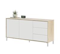 Habitdesign Modèle Brooklyn Buffet 2 portes + 3 tiroirs Finition chêne canadien et Blanc « Artik », dimensions : 74 x 154 x 41 cm (H x l x P).