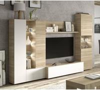 ESSENCIAL Meuble TV avec LED classique blanc brillant et décor chêne - L 260 cm