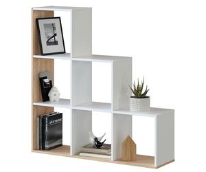 Habitdesign Modèle Lua Bibliothèque, meuble à étagères, salon, salle à manger ou bureau, finition blanche « Artik » et chêne canadien, dimensions : 110 x 108 x 28 cm (H x l x P).