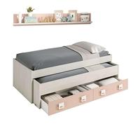 Habitdesign Lit gigogne + 2 tiroirs et étagère, lit pour jeunes, modèle Nube, finition en blanc Alpes et rose pastel, mesures : 199 cm (L) x 96 cm (P) x 69 cm (H)