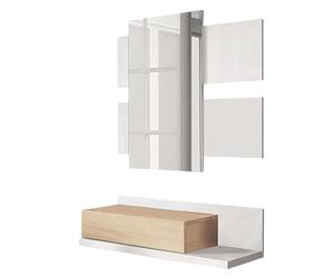Habitdesign Modèle Tekkan Meuble d'entrée avec tiroir et miroir Finition blanche « Artik » et chêne canadien, dimensions : 75 x 116 x 29 cm (l x H x P).
