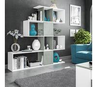 Habitdesign modèle Zig-Zag-3 Étagère bibliothèque, finition blanche « Artik » et gris ciment, dimensions : 145 x 145 x 28 cm (H x l x P).