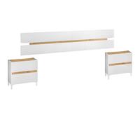 Habitdesign Tête + 2 Tables Basses 2 tiroirs, modèle Tempus, Finition Blanche Artik et chêne Nodi, Dimensions : 100 cm (Hauteur) x 255 cm (Largeur) x 34 cm (Profondeur)