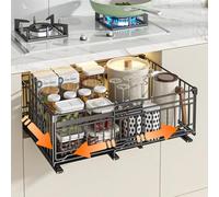 HABITELLO Organisateur de Tiroir Extensible en Métal pour Épices & Accessoires Gain de Place Maximal Cuisine Dressing, Largeur Adjustable 32.5-50 cm (Style B Noir, 1 Pièce)