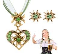 HABNI 3 Pcs Set De Bijoux Fantaisie Bijoux De Bavarois Collier Strass Avec Pendentif Cœur Boucles D'Oreilles Pour Fête De Bière Or Vert