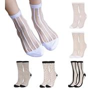 HABNI 6 Paires Chaussettes Transparentes Femme Chaussettes Sexy À Volants Pour Femme Chaussettes Transparentes Pour Femme Chaussettes Fines Pour Femme À Pois Rayés Bas Résille Taille Universelle