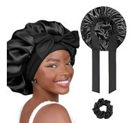 HABNI Bonnet Satin Cheveux + Chouchou en Soie, Nuit Couche Double Bonnet en Soie pour Cheveux bouclés Cheveux naturels -aille de tête Ajustable Bonnet de Nuit pour Femmes