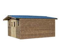 HABRITA Abri madriers connexion angulaire - 28 mm - Toit double pente en bac acier galvanisé - Façade 4 m - 23,82 m²