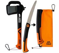 Hache Bushcraft Camping 38cm + Scie Bois Pliante Outdoor - Hachette Lame Acier Carbone, Etui de Transport Sécurité, Mousquetons, Cordes. Machette Camping, Equipement Survie & Vanlife Robuste, Durable