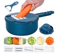 Hachoir à légumes 7 en 1 - Râpe à légumes avec récipient multifonction - Avec 6 lames en acier inoxydable - Pour la cuisine (bleu, 7 en 1)