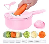 Hachoir à légumes 9 en 1 - Râpe à légumes avec récipient multifonction - Avec 6 lames en acier inoxydable - Pour la cuisine (rose, 9 en 1)