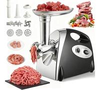 Hachoir à viande électrique 300 W avec 3 grilles en acier inoxydable, fonction marche arrière, presse-viande et poussoir à saucisses pour usage domestique et professionnel (blanc).