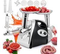 Hachoir à viande électrique 800 W, poussoir à saucisses, passoire à tomates multifonctionnelle pour usage domestique avec 3 grilles de découpe et tube poussoir à saucisses (kit inclus).