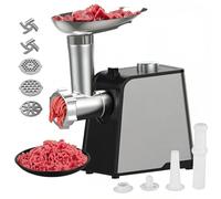 Hachoir à viande électrique en acier inoxydable 3 en 1 avec 3 plaques de ponçage, 2 couteaux à découper, embouts de boulettes de viande, embouchure à saucisses, parfait pour boulettes de viande