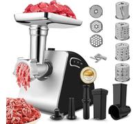 Hachoir à viande électrique professionnel avec remplisseur de saucisses et accessoire à biscuits | Machine à saucisses avec 3 disques perforés, 4 lames coniques et accessoires pour kibbe pour viande