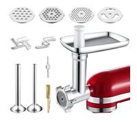 Hachoir à viande en acier inoxydable pour accessoires Kitchenaid, accessoire de broyeur alimentaire en acier inoxydable pour accessoires de cuisine avec 2 cornes de remplissage de saucisses, 2 lames