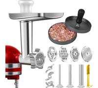 Hachoir à viande pour mixeur sur socle Kitchenaid, avec 3 cornes de remplissage de saucisses, 3 lames d'affûtage, 4 disques de broyage et presse à burger (acier inoxydable)