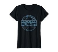 Hack The Planet Blue Globe Design pour Les Pirates informatiques T-Shirt Graphique avec Valeur, Femme, Noir, XL