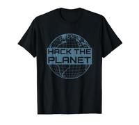 Hack The Planet Blue Globe Design pour Les Pirates informatiques T-Shirt Graphique avec Valeur, Homme, Noir, XL