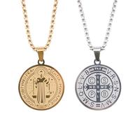 HACRAHO Lot de 2 colliers avec médaille de Saint Benoît/Michel en acier inoxydable 316L pour homme et femme, collier de protection avec verset de la Bible, bijoux catholiques 3 x 2,5 cm (argent et or)