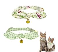 HACRAHO Lot de 2 colliers pour chat avec nœud papillon et clochette, motif quadrillé et floral, collier bandana réglable avec nœud amovible (vert)