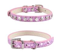 HACRAHO Lot de 2 colliers pour chat avec strass - En cuir étincelant - Pour chien et chat - Avec strass - Taille S - Rose