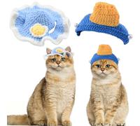 HACRAHO Lot de 2 jolis chapeaux tricotés pour chat avec perles et fleurs d'œuf, chapeaux d'hiver en laine tricotée à la main, pour Halloween, Noël, fête costumée, chiot et chat (taille M, bleu)