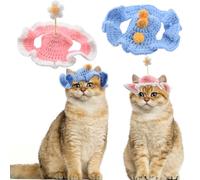 HACRAHO Lot de 2 jolis chapeaux tricotés pour chat, dinosaures et fleurs blanches faits à la main - Chapeaux d'hiver en laine à tricoter pour Halloween, Noël, fête costumée, chiots et chats (taille M