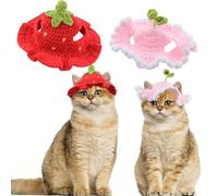 HACRAHO Lot de 2 jolis chapeaux tricotés pour chat, fraises et germes de haricot, chapeaux d'hiver en laine à tricoter pour Halloween, Noël, fête costumée, chiots et chats (taille M, rouge, rose)