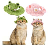 HACRAHO Lot de 2 jolis chapeaux tricotés pour chat, grenouille et fleur, faits à la main au crochet pour chien, chapeau d'hiver en laine à tricoter pour Halloween, Noël, fête costumée, chiots et chats