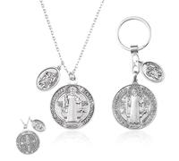 HACRAHO Lot de 2 médailles de Saint Benoît avec porte-clés et collier de St Christophe, bijoux catholiques en acier inoxydable, porte-clés religieux catholique