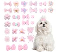 HACRAHO Lot de 30 nœuds pour poils de chien avec bandes en caoutchouc élastiques en dentelle strass perles Mélange de styles faits à la main avec pinces pour chien et chat Rose