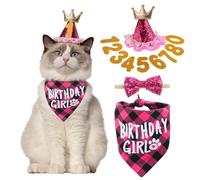 HACRAHO Lot de 4 chapeaux d'anniversaire pour chat, bandana, écharpe, tenue d'anniversaire pour animal de compagnie, fournitures de fête pour animaux de compagnie, bavoirs triangulaires, chapeaux pour