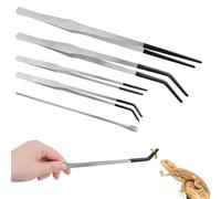 HACRAHO Lot de 6 pinces à épiler longues droites et incurvées en acier inoxydable avec pointe en caoutchouc pour terrarium, aquarium, lézards barbus (argent)