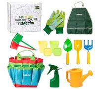 Hadeeka Kit d'outils de jardinage pour enfants 15 pièces - Ensemble complet de jardinage pour enfants avec outils, tablier, gants, arrosoir, pots de fleurs, soucoupes et sac fourre-tout en toile pour