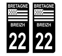 HADEXIA Autocollant Stickers Plaque immatriculation Voiture Auto département 22 Côtes d'Armor Logo Région Bretagne Full Noir Lot de 2