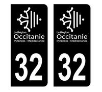 HADEXIA Autocollant Stickers Plaque immatriculation Voiture Auto département 32 Gers Logo Région Occitanie Full Noir Lot de 2