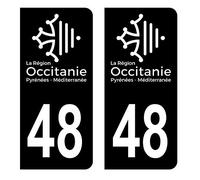 HADEXIA Autocollant Stickers Plaque immatriculation Voiture Auto département 48 Lozère Logo Région Occitanie Full Noir Lot de 2